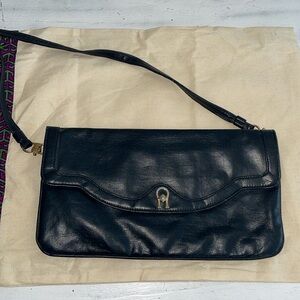 Vintage Zenith Handmade black Leather hot shoe closure Flap Shoulder Bag gold